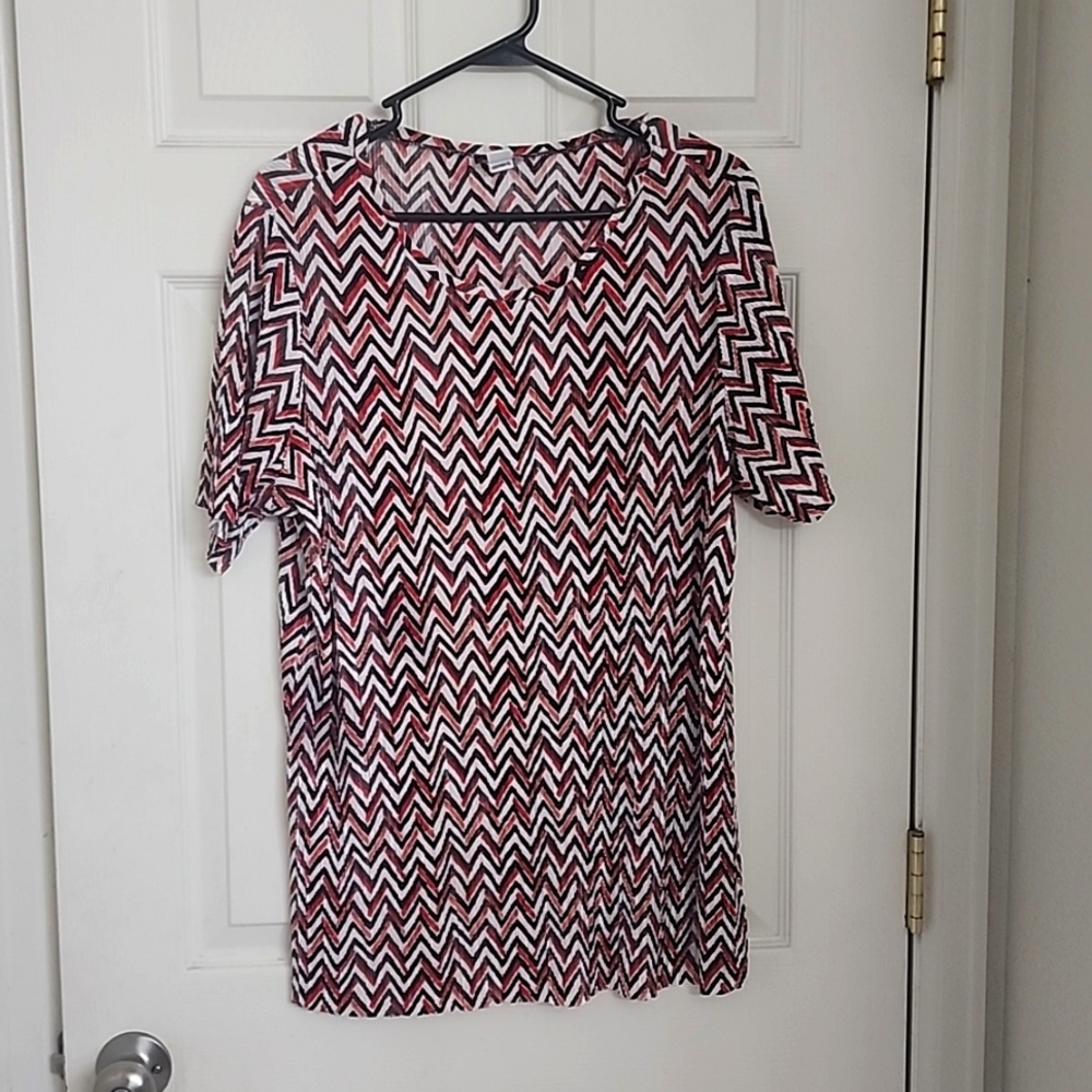 Red, gray, black, white blouse.